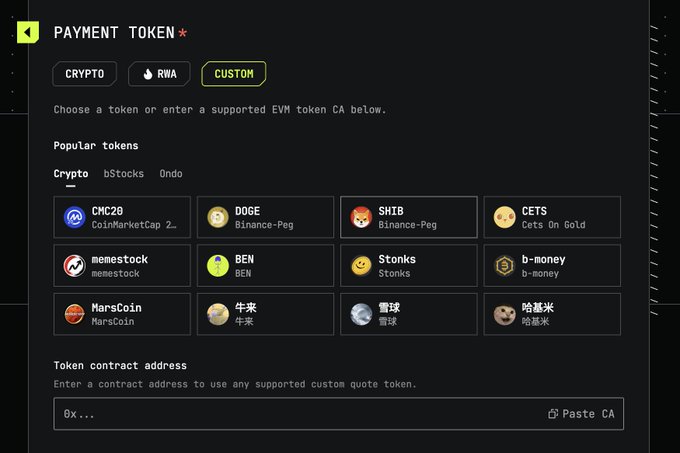 A payment token selection interface with the "Custom" tab active, displaying popular tokens including CMC20, DOGE, SHIB, CETS (Cets On Gold), memecoin, BEN, $tonks, b-money, MarsCoin, and various Chinese meme tokens, along with a token contract address input field. The image relates to the post by showing CETS as one of the selectable popular tokens for creating a custom paired token to "spin up" the requested giga cooker pairing.
