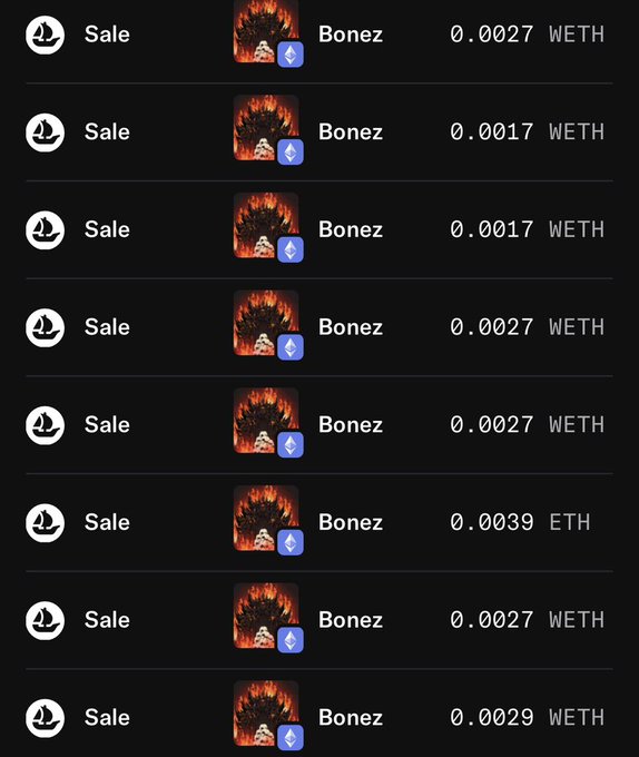 A list of Bonez NFT sales on OpenSea showing prices ranging from 0.0017 to 0.0039 WETH/ETH, illustrating the low floor prices referenced in the post about how giving spots to "washed collab managers" has hurt the project's value.