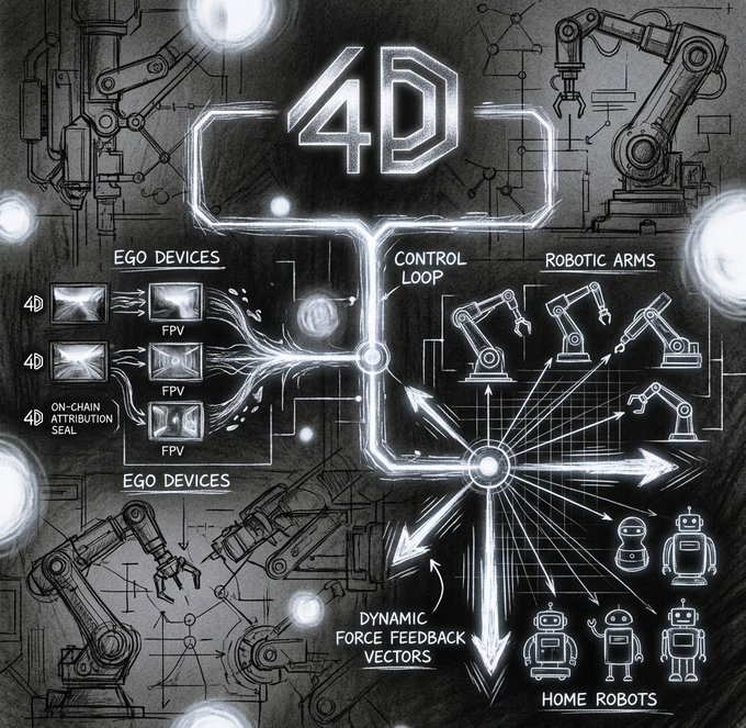 A technical diagram illustrating '4D' robotics, showing components like Ego Devices, Control Loop, Robotic Arms, Dynamic Force Feedback Vectors, and Home Robots connected in a system.