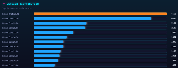 A bar chart titled 'VERSION DISTRIBUTION' showing top client versions on the network, with 'Bitcoin Knots 29.3.0' leading at 5556, followed by various Bitcoin Core versions.