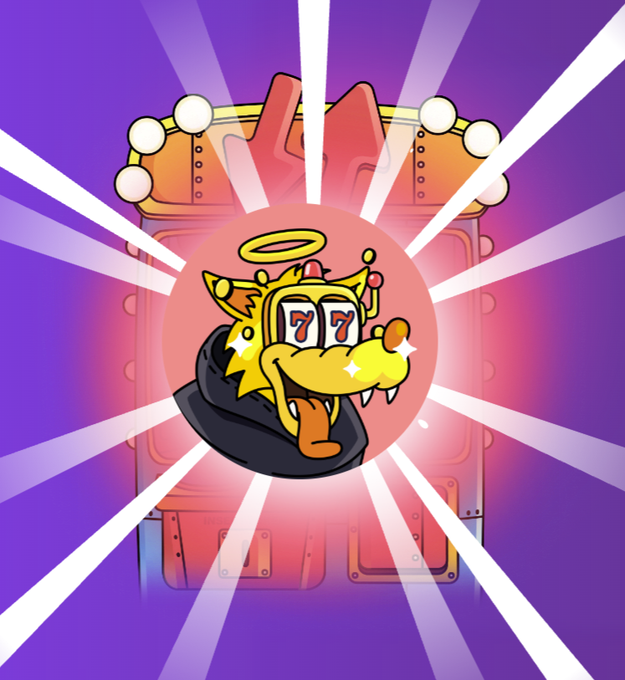 A digital illustration of a yellow dragon-like character with a halo, '777' eyes, and a wide grin, emerging from a dark hood against a purple background with radiating white beams.