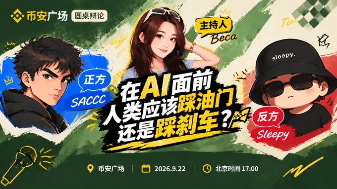 A promotional graphic for a debate event titled '在AI面前人类应该踩油门还是踩刹车？' (Should humans step on the gas or brake in front of AI?), featuring illustrated avatars of the host Beca and debaters SACCC and Sleepy, scheduled for 2026.9.22 at 17:00 Beijing time.