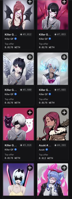A grid of six anime-style NFT character profiles on a marketplace, including variations of 'Killer GF' with prices listed in WETH and an 'Azuki' character priced at 0.912 WETH.