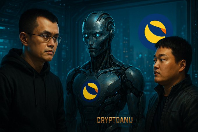 A stylized sci-fi image featuring two Asian men and a robotic figure with glowing blue eyes, watermarked 'CRYPTOANU' and displaying a yellow and blue crypto token logo.