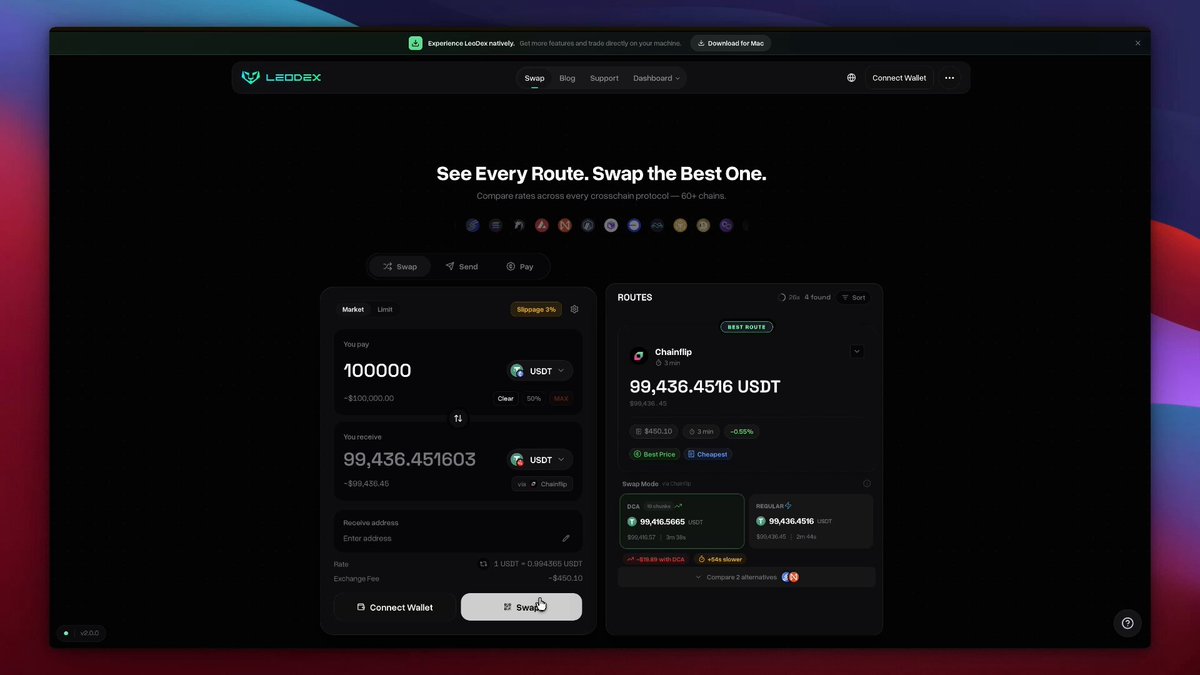 The image shows a screenshot of a website called @chainflip swap the world's most used stablecoin. The website has been live for 8 days and is now open to interested users. The main focus of the image is a table that displays various transactions, including trades on different cryptocurrencies such as Bitcoin, Ethereum, Ripple, Litecoin, and others. Additionally, there are multiple colors represented in the table indicating differences in the value of each cryptocurrency. The post suggests that people can participate by trading Cryptos like those listed using leodex.io.