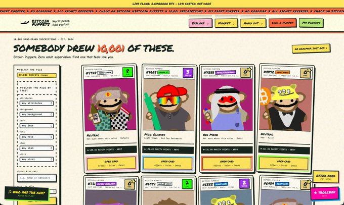 A screenshot of the 'Bitcoin Puppets' NFT marketplace website displaying the collection 'SOMEBODY DREW 10,000 OF THESE' with grid listings of various cartoon puppet characters including 'NEUTRAL', 'MOOG GLAITED', 'RED MASK', and 'BITCONNI' priced in BTC.