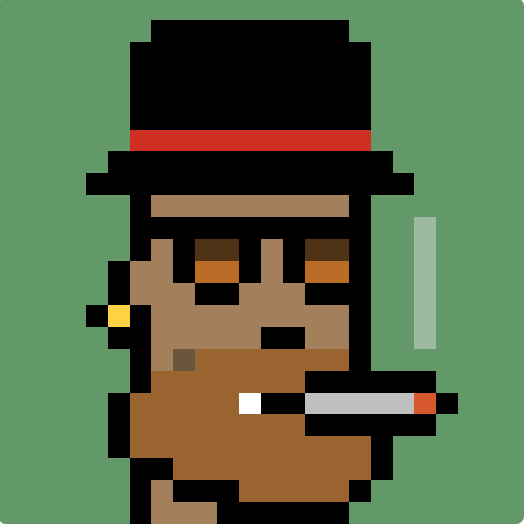 A pixel-art character illustration depicting a person with brown skin, a black top hat with a red band, and a cigarette in their mouth against a green background.