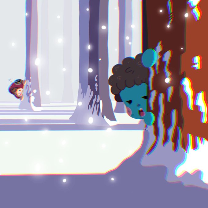 The illustration depicts a stylized scene with a teal-skinned boy with curly hair peeking from behind a tree in a snowy forest, while a smaller hooded figure watches from the distance, both rendered with a glitchy chromatic aberration effect. The caption "The Boy is finally meeting the Hood" suggests this artwork previews an upcoming NFT drop, with two characters finally coming face-to-face in a whimsical winter setting, matching the post's promotion of a BoyMeetsHood NFT giveaway.