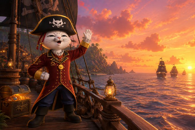 A digital illustration of a white cat dressed in an ornate red pirate captain's coat and tricorn hat with a skull-and-crossbones emblem, waving from a ship's deck at sunset with treasure and a treasure chest visible.