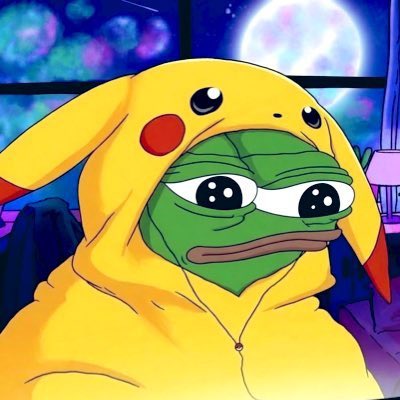 A digital artwork of the Pepe the Frog meme character wearing a yellow Pikachu hoodie against a cosmic moonlit background.