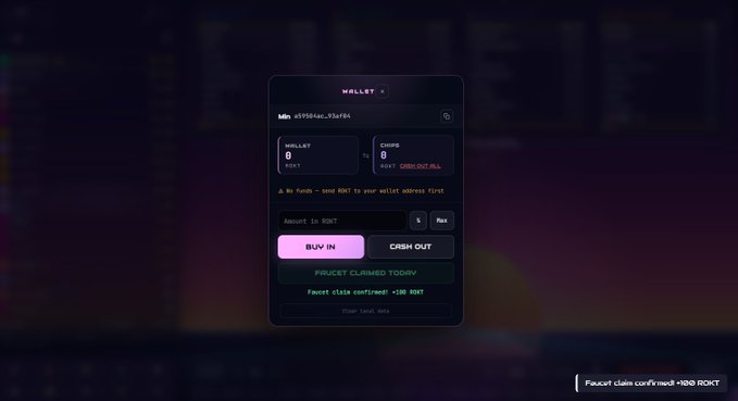 A digital wallet interface for ROKT cryptocurrency with options to 'BUY IN' and 'CASH OUT', displaying a 'FAUCET CLAIMED TODAY' message and +100 ROKT confirmation.