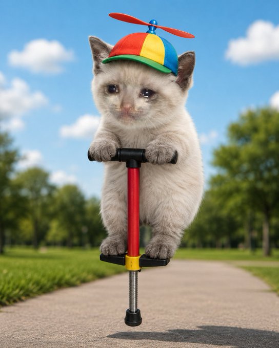 A white kitten with a rainbow propeller cap is captured mid-air, standing on a pogo stick against a backdrop of a park path and blue sky.