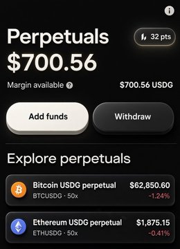 The image shows a Robinhood Perpetuals interface with a $700.56 USDG margin balance (32 points) and BTC/USDC and ETH/USDC perpetual options at 50x leverage, illustrating the capital requirement needed to earn points for the rumored $LIT airdrop.