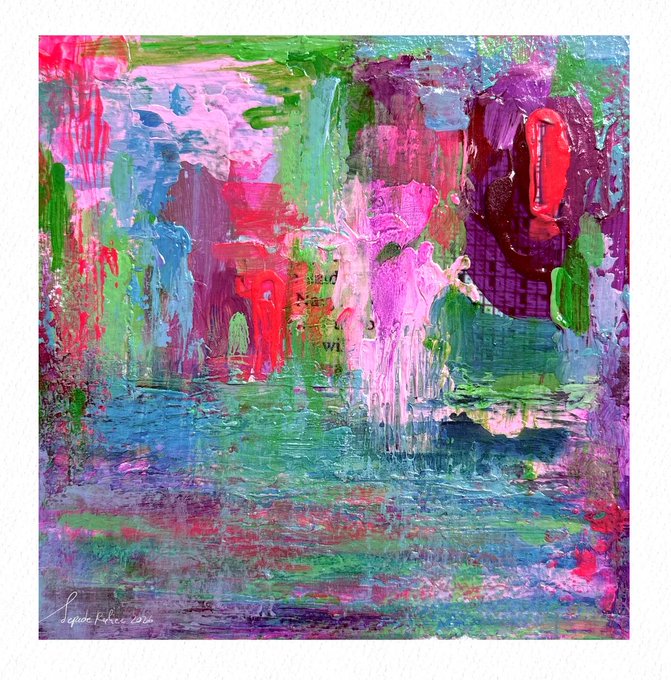 An abstract mixed-media painting with vibrant splashes of pink, green, purple, and red, signed "Sophia Kokosalaki 2024" in the bottom left corner.