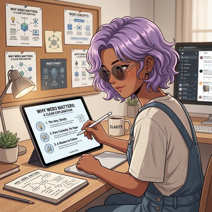 An anime-style illustration of a purple-haired person wearing sunglasses, sitting at a desk and pointing with a stylus at a tablet displaying an article titled 'WHY WEB3 MATTERS: A CLEAR EXPLANATION', surrounded by related posters on a bulletin board.