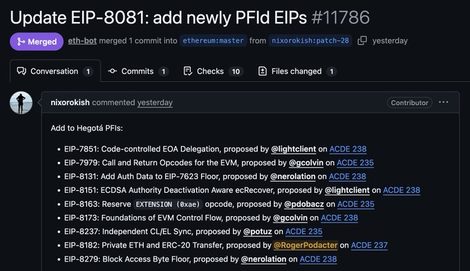 The image shows an update of a webpage with information about a proposal for a private Ethereum blockchain transfer. The text indicates that this update has been made by a contributor named Hegotá! and that they are now officially Proposed for Inclusion (PFI) in EIP-818, which is the Ethereum blockchain transfer. The post also mentions that the proposal was discussed on Twitter and that it is now available for download.
