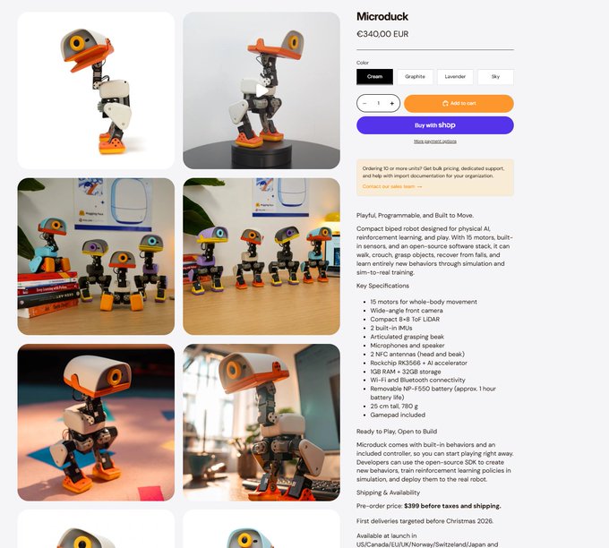 A product page for the Microduck biped robot priced at €340.00 EUR, featuring color options and multiple images of the orange and white robot alongside technical specifications.