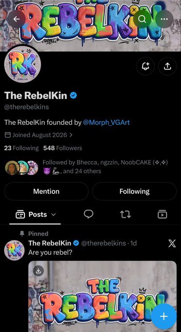 A Twitter/X profile page for "The RebelKin" (@therebelkins), featuring colorful graffiti-style "REBELKIN" artwork as the header and avatar, showing 23 Following and 548 Followers, with a pinned post asking "Are you rebel?" that ties to the accompanying commentary highlighting the project's vibrant art and promising early alpha.