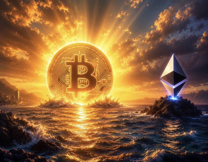 A radiant golden Bitcoin sun rises over a turbulent ocean at sunrise, with a glowing Ethereum diamond perched on a rocky outcrop nearby, perfectly capturing the hopeful, prosperous spirit of the "Blessed Sunday" message celebrating both cryptocurrencies.