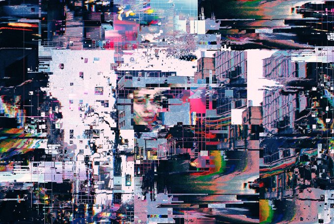 Abstract glitch art or digital distortion effect with pixelated fragments and rainbow chromatic aberration creating a fragmented, chaotic composition.