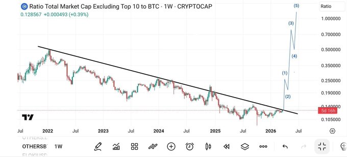 A financial chart titled 'Ratio Total Market Cap Excluding Top 10 to BTC - 1W - CRYPTOCAP' showing a downward trend line with an Elliott Wave-like projection from 2022 to 2026.