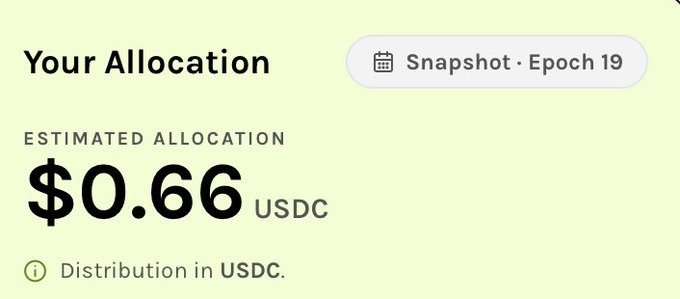A yellow-themed interface showing 'Your Allocation' with an estimated allocation of $0.66 USDC from a Snapshot Epoch 19 distribution.
