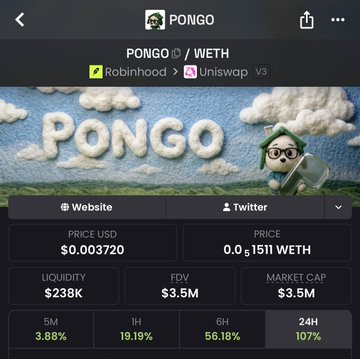 A cryptocurrency tracking screen showing "PONGO" token data, listing price ($0.003720 USD), liquidity ($238K), FDV ($3.5M), and market cap ($3.5M), with a 24H change of 1.07%.