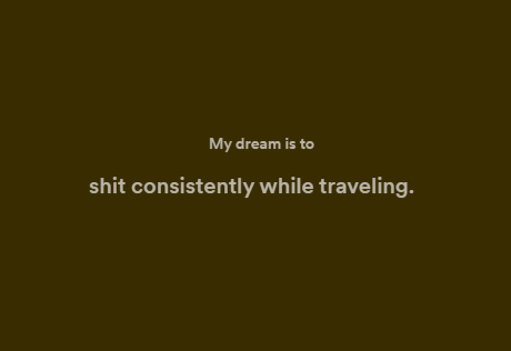 The image features a brown background with white text that reads "My dream is to shit consistently while traveling." The text is centered, making it easy to read and understand.