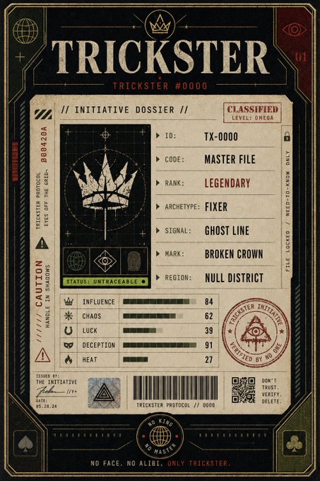 A 'TRICKSTER' classified dossier card for #0000 featuring a broken crown logo, with stats including Legendary rank, Fixer archetype, Ghost Line signal, Null District region, and attributes like Influence 84, Chaos 62, Deception 91, and Heat 27.