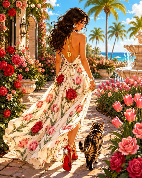 A vibrant digital painting portrays a woman with long dark hair in a floral dress walking down a garden path lined with pink roses and tulips, accompanied by a tabby cat, with palm trees and the ocean in the background.