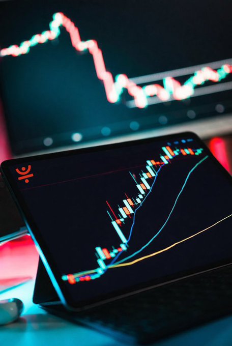 A tablet displaying a candlestick chart with moving averages sits in the foreground, while a blurred laptop in the background shows a sharply declining red line graph, visually representing the volatile crypto markets relevant to the post about TRON's resource model and blockchain fee structures.