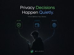A dark-themed graphic with the text 'Privacy Decisions Happen Quietly. Think Before You Share,' showing icons for Allow, Protect, and Secure above a silhouette of a person using a phone, branded by Beldex.