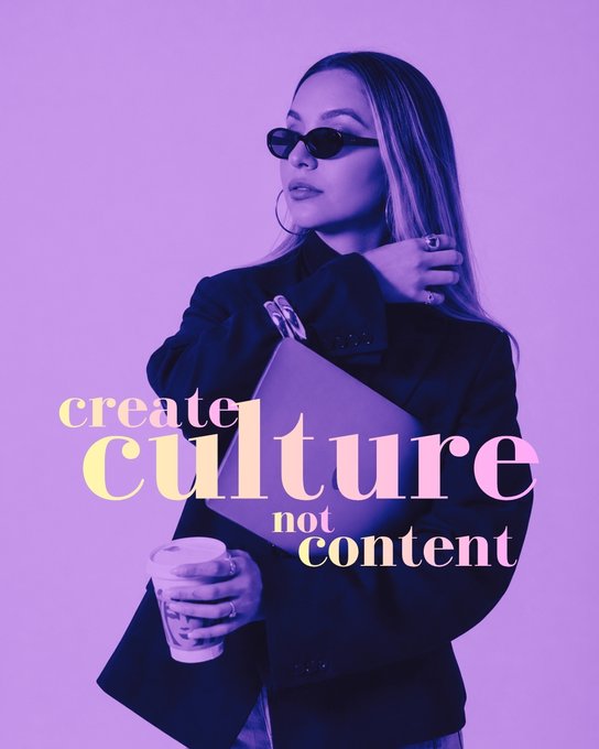 A stylized promotional image with a purple color scheme shows a woman holding a laptop and coffee cup, featuring the bold text 'create culture not content.'