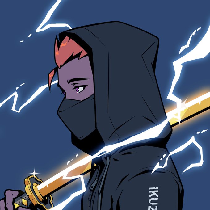 An illustrated character in a dark hooded jacket and face mask holds a glowing golden sword, with lightning crackling around them against a dark blue background; the text 'IKUZ' appears in the lower right.