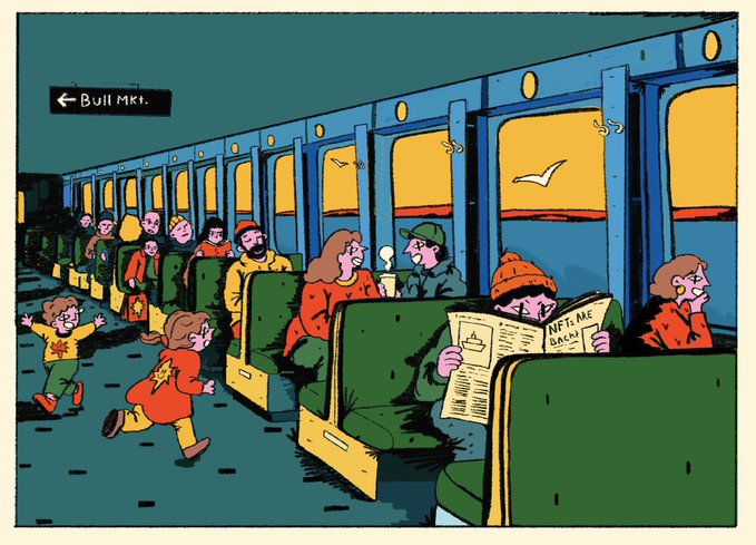 A cartoon illustration of passengers on a train heading toward Bull Market, with one person reading a newspaper and children running in the aisle, set against a sunset visible through the windows.