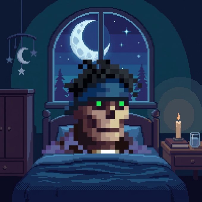 Pixel art of a green-skinned character with glowing green eyes lying in bed under blue blankets, with a crescent moon visible through the window behind them.