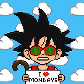 A pixel art character with spiky black hair and green sunglasses smiles while holding a sign that reads 'I ❤ MONDAYS' against a background of clouds and blue sky.