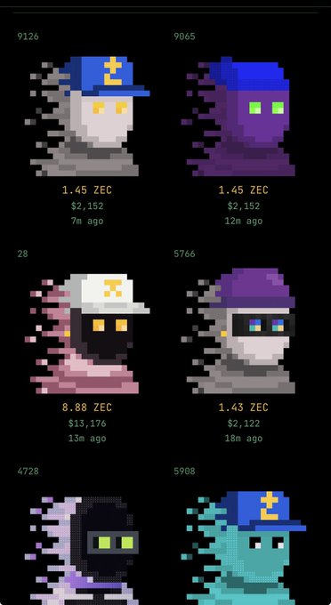A grid of pixel-art cryptoPunk-style NFTs displayed on a marketplace with ZEC and USD prices, including traits like blue caps and sunglasses on various zombie, alien, and ape-like characters.