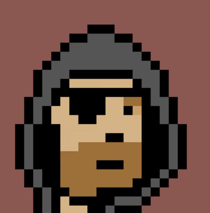A low-resolution pixel art portrait of a hooded figure with an obscured face, shown in dark gray, black, tan, and brown tones against a maroon background, representing the "Hoodie Punk #3298" NFT referenced in the post about its acquisition via GONDI's Purchase Bundler feature.