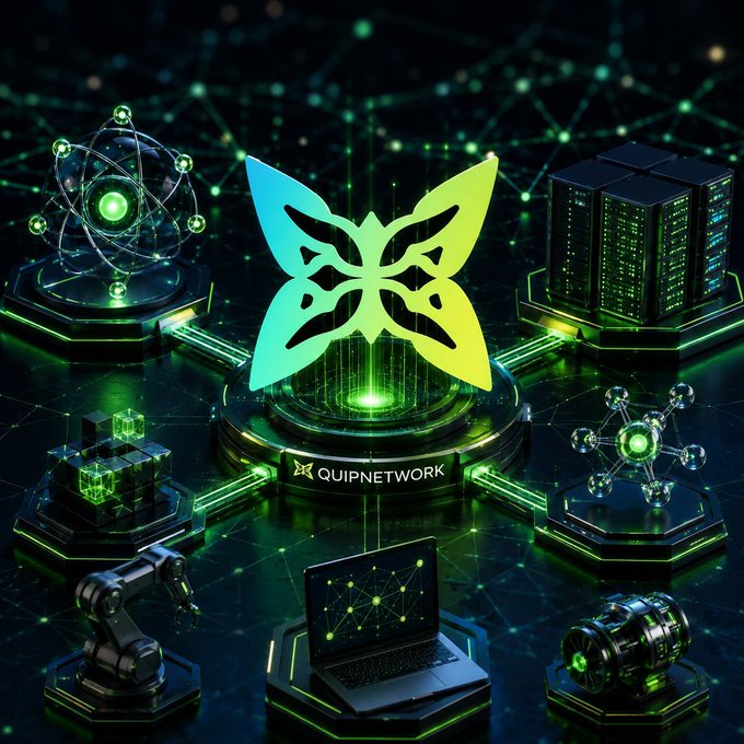 A digital artwork featuring a large green and yellow butterfly logo with 'QUIPNETWORK' text, surrounded by technology-themed elements like servers, an atom, a laptop with network graphics, and a robotic arm on a glowing green platform.