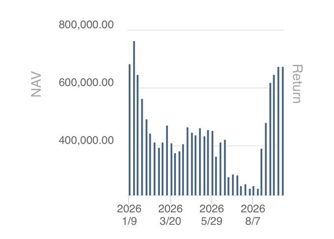 A bar chart displays NAV (Net Asset Value) returns over time from January 2026 to late 2026, showing values fluctuating between approximately $300,000 and $750,000 with a notable decline in mid-year followed by a recovery.