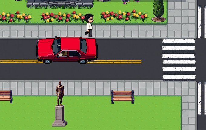 A pixel art scene shows a top-down view of a red convertible car on a road, with a man in a suit standing on the sidewalk above and a statue in a grassy park below.