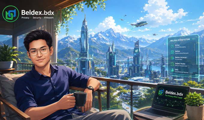 An illustrated promotional image for 'Beldex.bdx' (Privacy, Security, Freedom) shows a young man with glasses relaxing on a balcony overlooking a futuristic city with mountains, alongside a 'Beldex Wallet' laptop displaying the Beldex ecosystem (BCat, BelNet, Beldex Browser, Beldex Wallet, BNS).