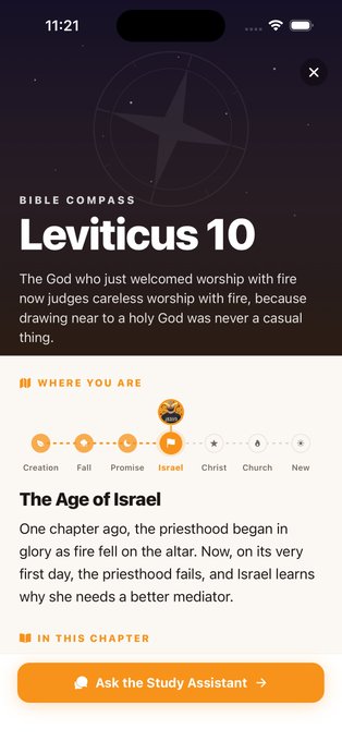 A mobile app screen for "Bible Compass" showing Leviticus 10 with an introductory message, a timeline indicating "Israel" as the current chapter location, and an orange "Ask the Study Assistant" button at the bottom.