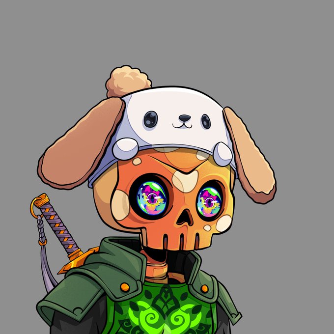 Illustration of a character wearing a white dog-eared hat, featuring an orange skull face with iridescent eyes, green armor, and a sword with an orange hilt.