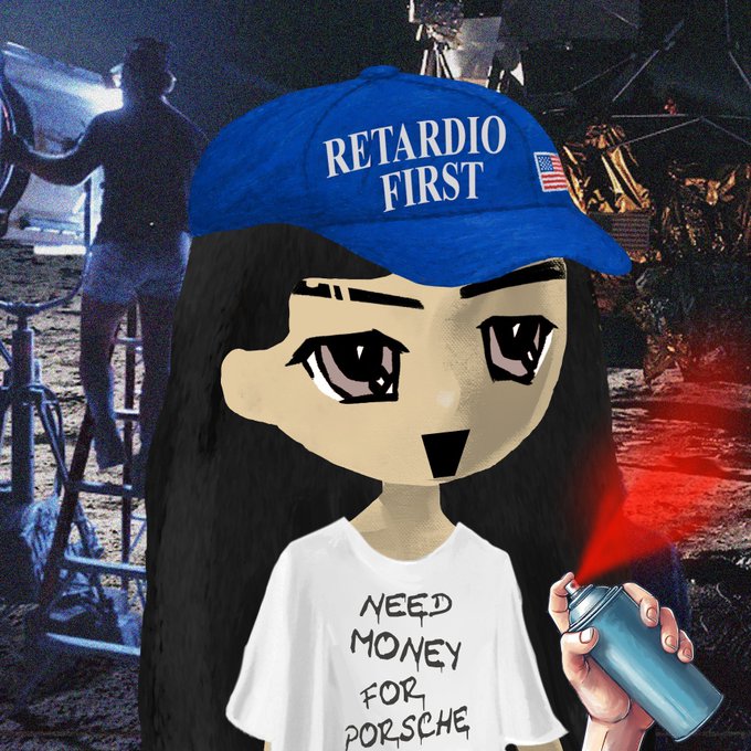 A cartoon-style image depicts a girl wearing a blue hat reading 'RETARDIO FIRST' and a white shirt reading 'NEED MONEY FOR PORSCHE', holding a spray can that emits a red beam.
