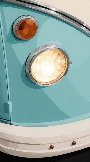 A stylized digital illustration of a teal/turquoise vehicle's front featuring a large illuminated round headlight and a smaller orange turn signal light with chrome bezels.