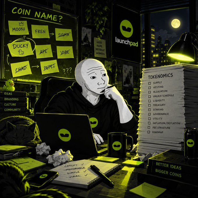 A stressed Wojak figure sits at a cluttered desk dominated by a massive "TOKENOMICS" checklist (Supply, Vesting, Allocation, Liquidity, etc.) on the right, while on the left a whiteboard covered in sticky notes like "MOON," "FREN," "DOGE," "APE," and "DUCKY" poses the trivial question "COIN NAME?"—perfectly illustrating the caption's point that founders obsess over technical token details while hastily throwing together the coin's actual identity.