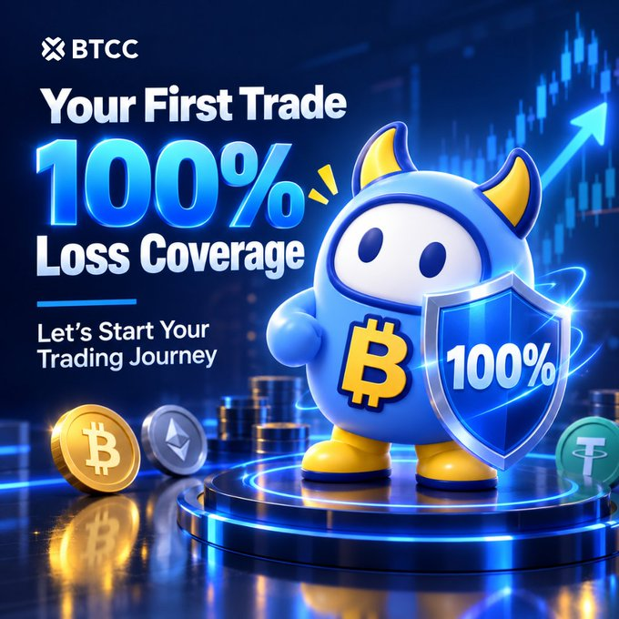 An advertisement for BTCC featuring a blue mascot holding a '100%' shield, with text promoting 'Your First Trade 100% Loss Coverage' against a backdrop of cryptocurrency coins and charts.