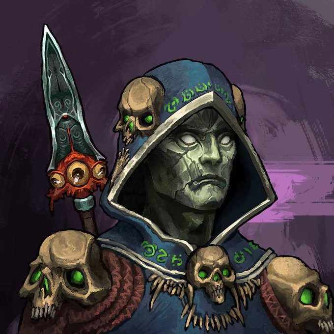 A fantasy illustration depicts a hooded figure with a pale, stone-like face, wearing a blue robe adorned with skulls featuring glowing green eyes, and holding a bladed staff with an eyeball-like ornament.